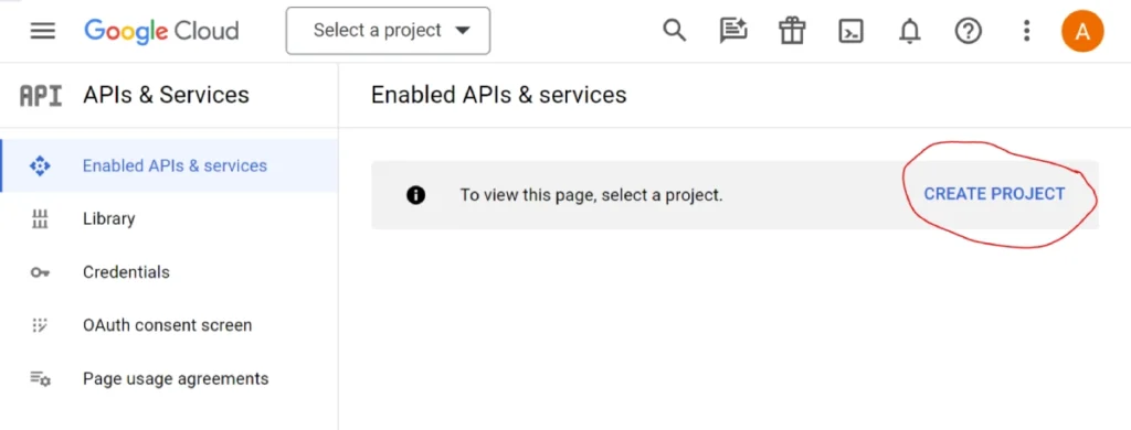 creating youtube api key step 1 create new project