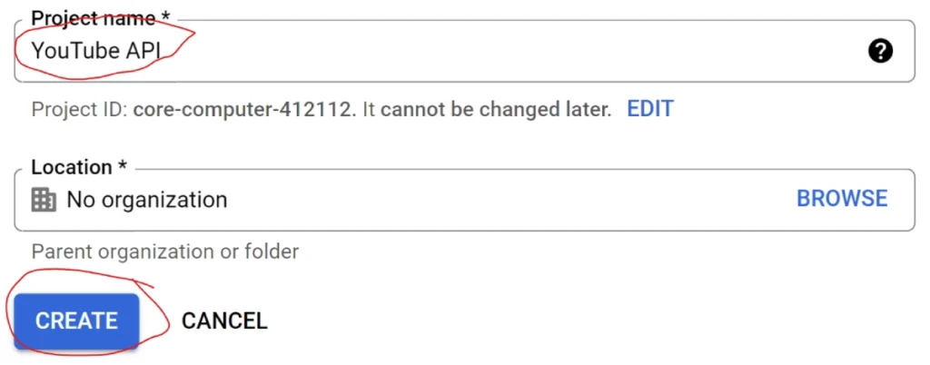 creating youtube api key step 2 enter project name and click create