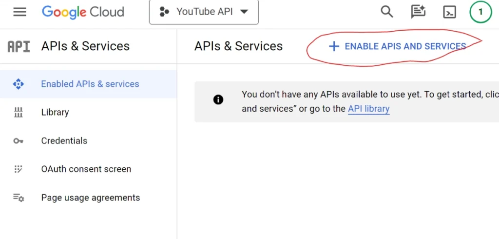 creating youtube api key step 4 enable api services