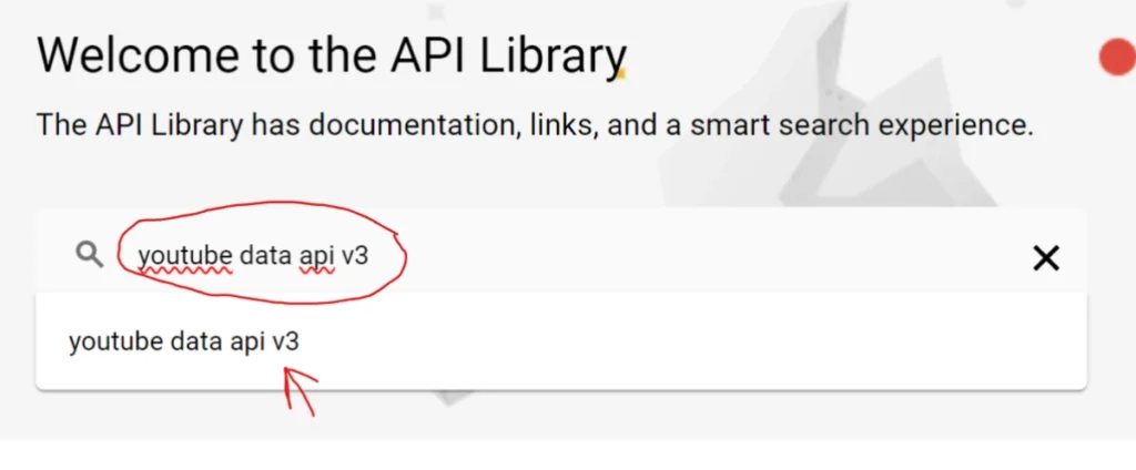 creating youtube api key step 5 search for youtube data api v3