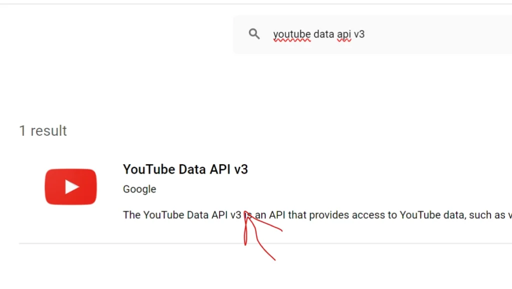 creating youtube api key step 6 click on youtube data api v3 search result