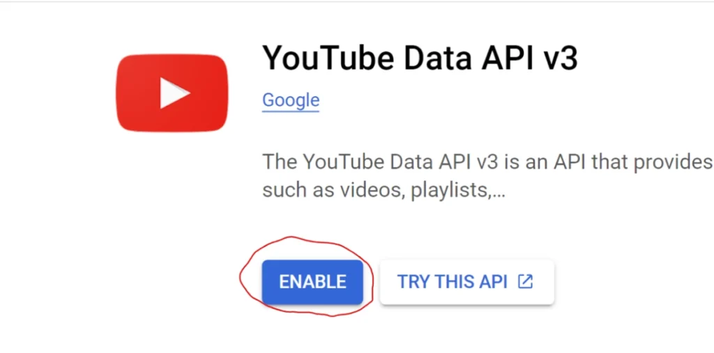 creating youtube api key step 7 click on the enable button to enable youtube data api