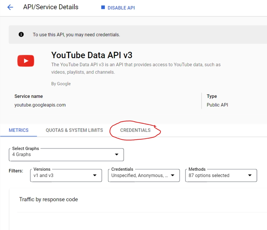 creating youtube api key step 8 click the Credentials tab