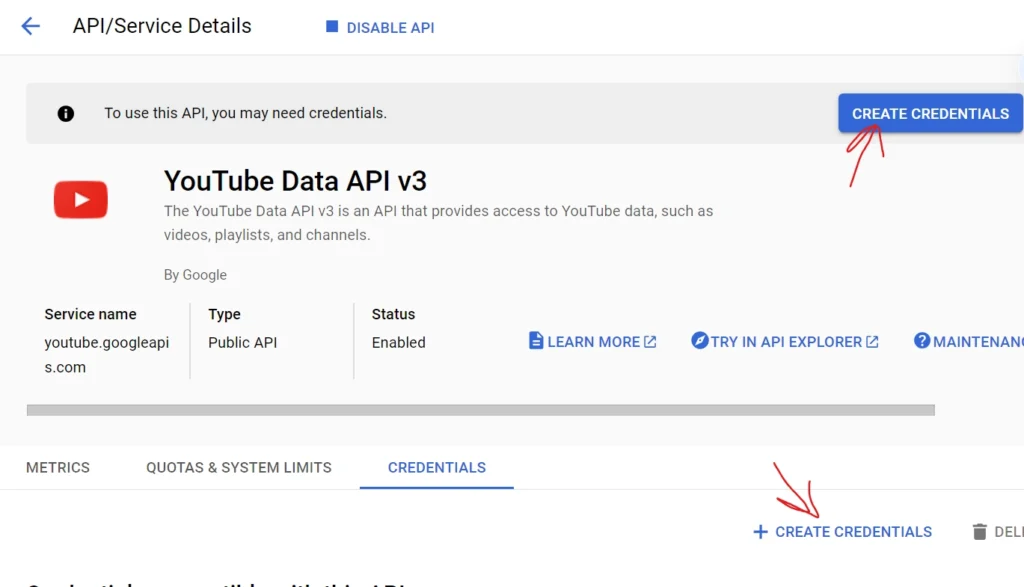 creating youtube api key step 9 click on Create Credentials button