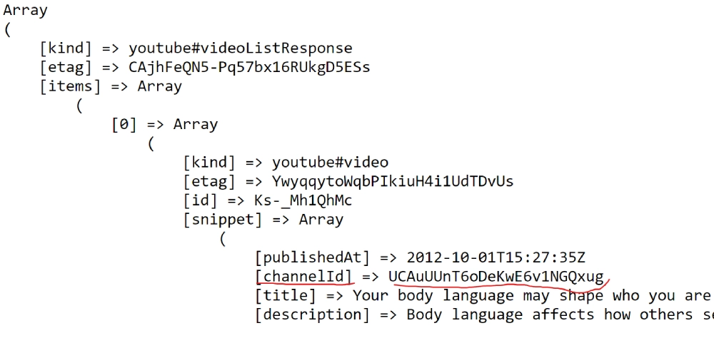 screenshot of a youtube video data returned by youtube data api