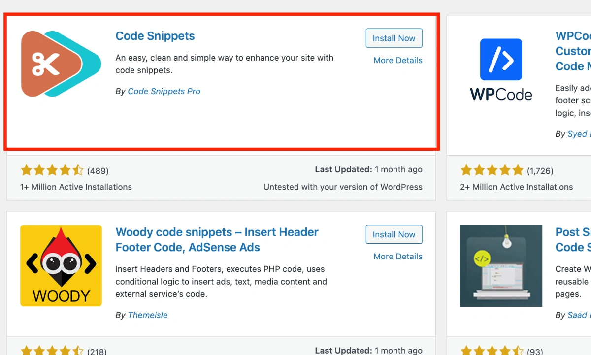 Code Snippets Plugin screenshot