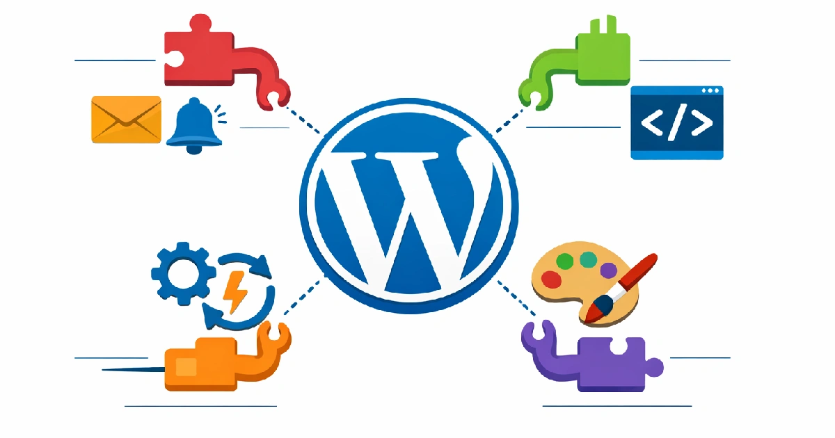 WordPress API visualization infographic with hooks, plugins, and customization elements like code, email notifications, and design tools.