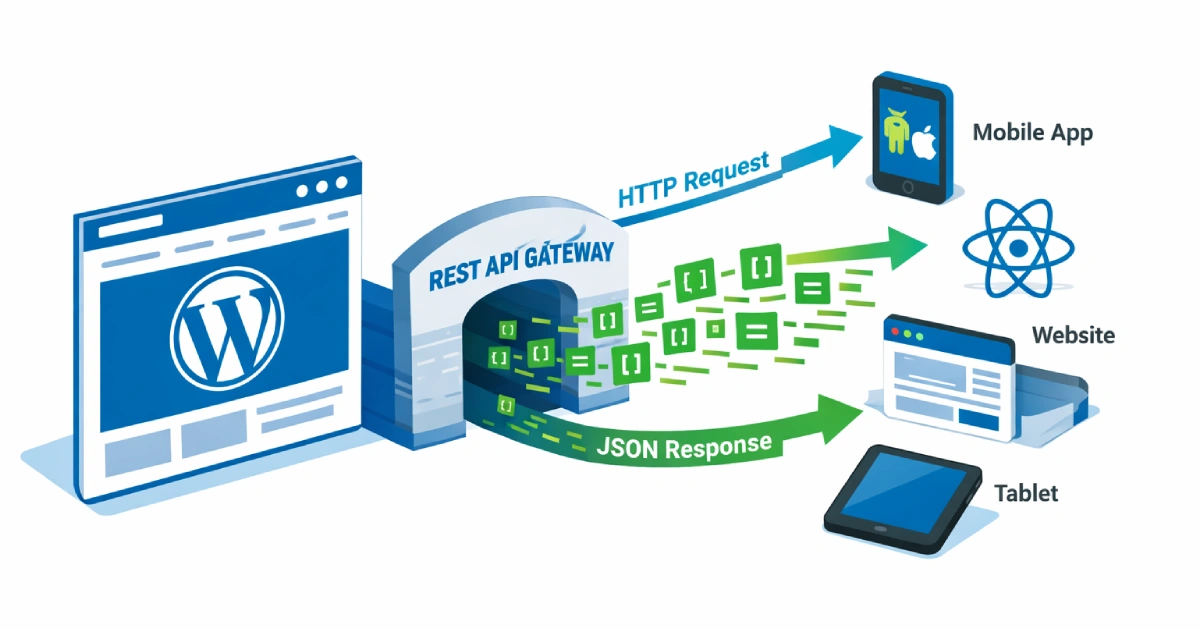 WordPress REST API diagram with JSON responses connecting mobile apps, React, websites, and tablets.