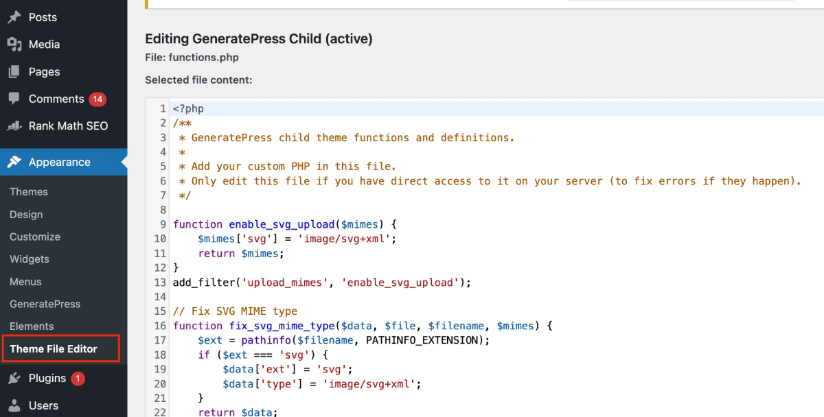 wordpress theme editor navigation screenshot