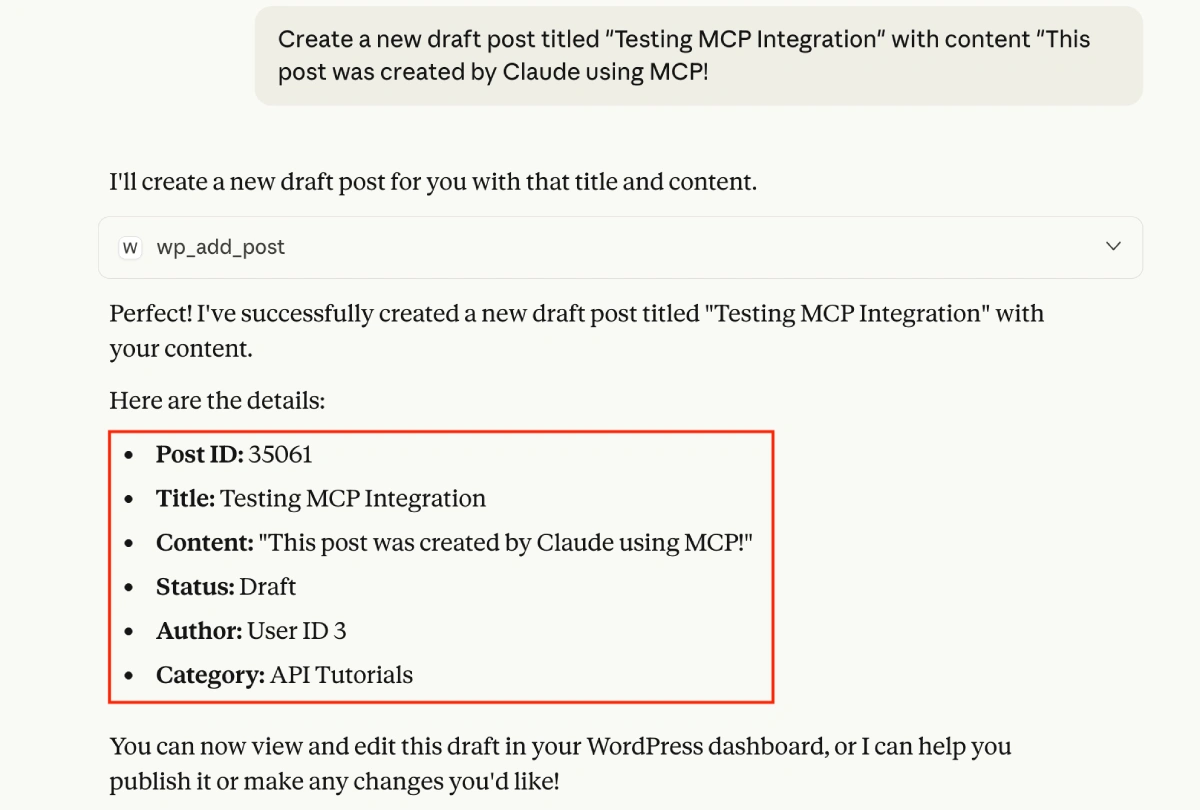create new post example with wordpress mcp server