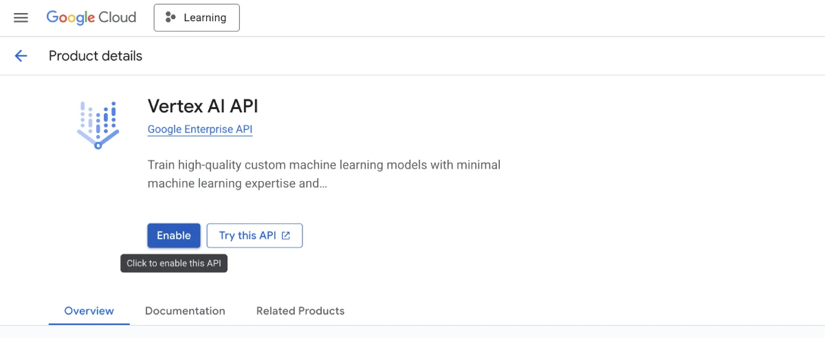 google cloud api and services screeshot to enable an APi service