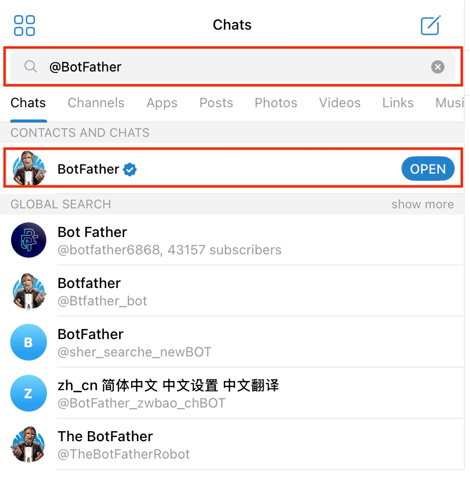 Search for BotFather in Telegram to create a new bot