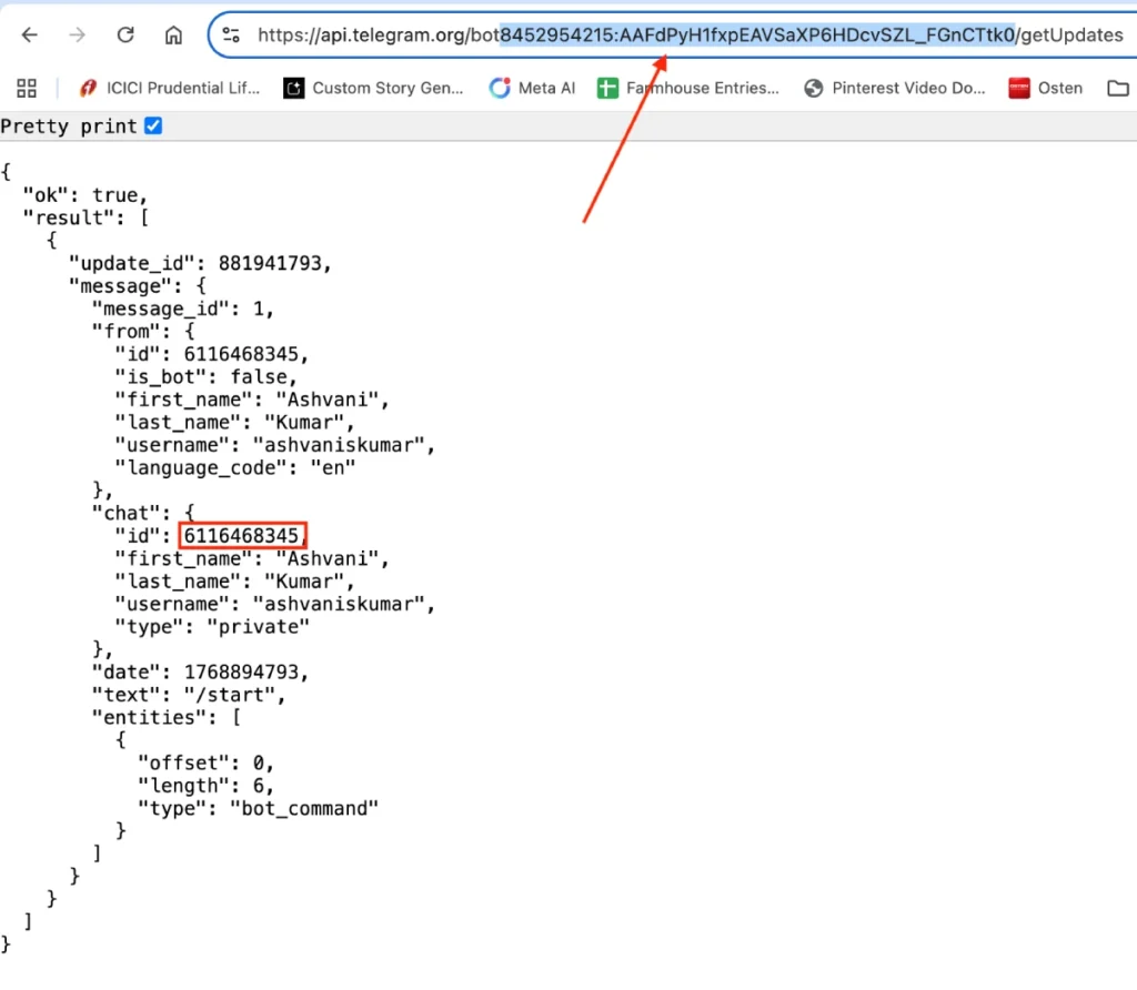 Find your Telegram chat ID in the API response