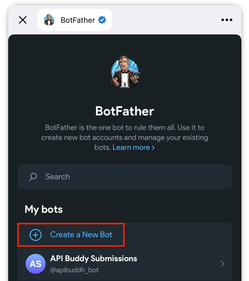 Click Create a New Bot in BotFather interface