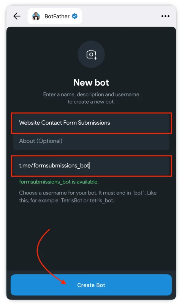 Enter bot name and username in Telegram BotFather