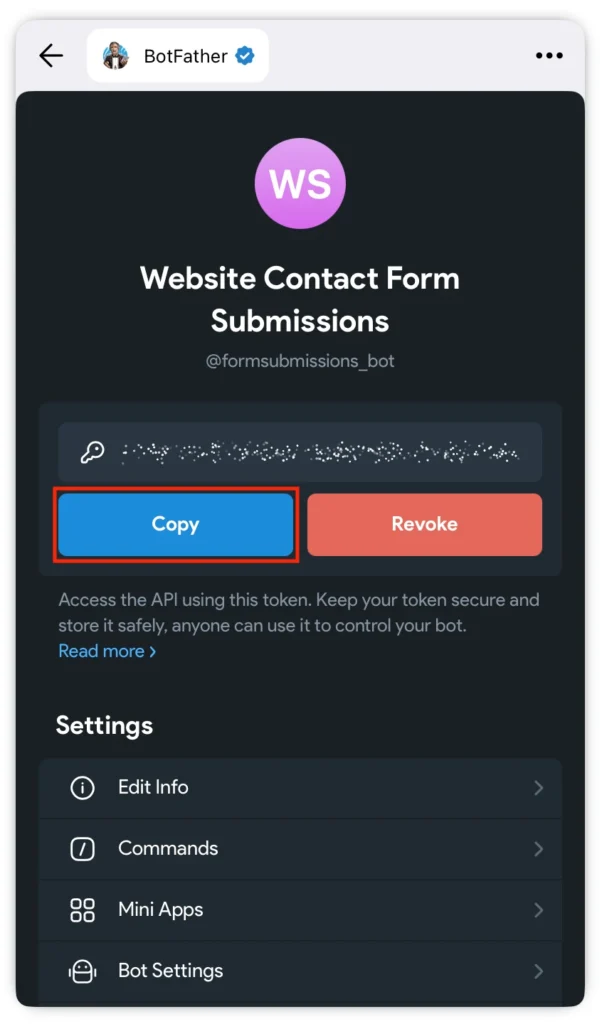 Copy Telegram bot API token from BotFather