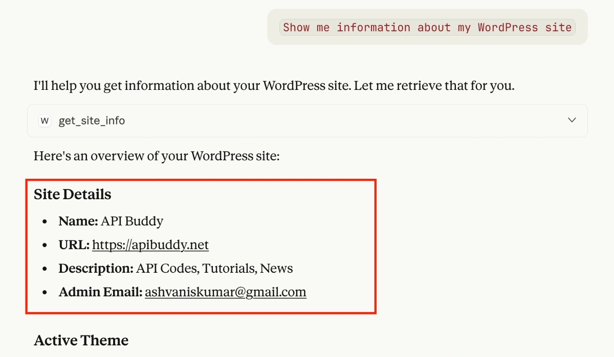 Claude fetching WordPress site information via MCP