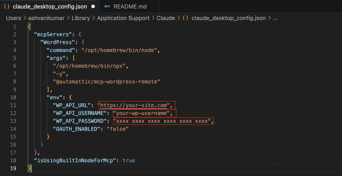 how to setup wordpress mcp server step 7 Claude Desktop configuration file with WordPress MCP server settings