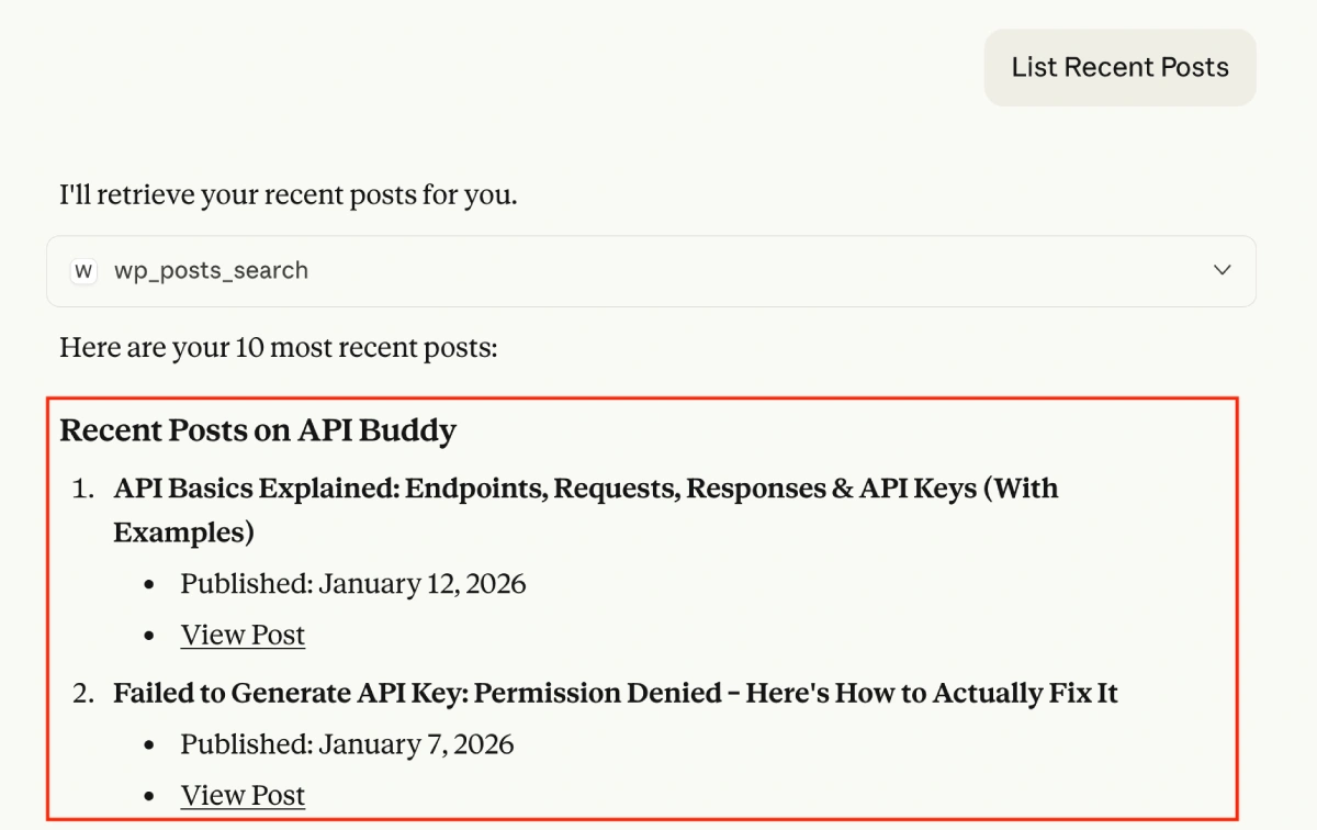 Claude listing recent WordPress posts via MCP server